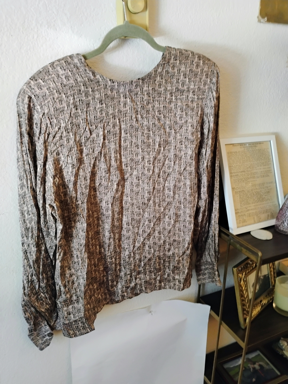 Vintage Anne Klein II 100% Silk Blouse Abstract Neutral Pattern Long Sleeve Sz L